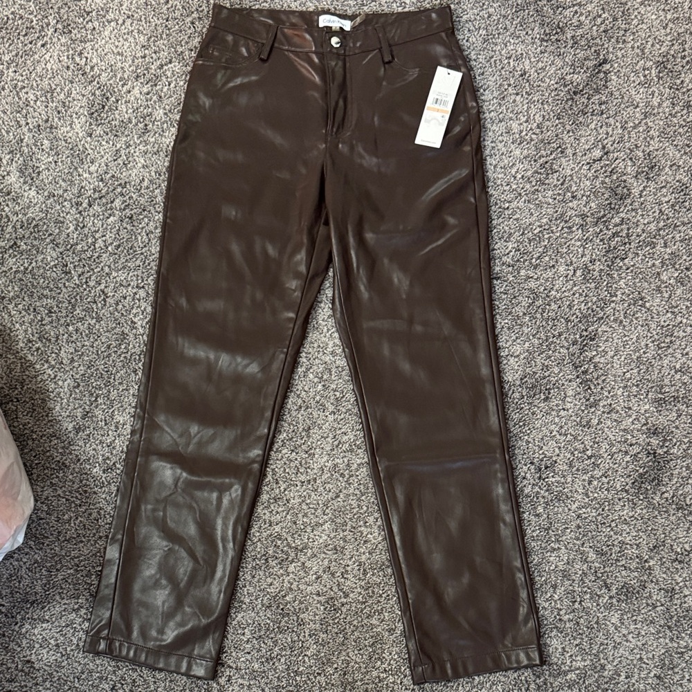 Calvin Klein Women's Brown Leather Straight Leg Jeans